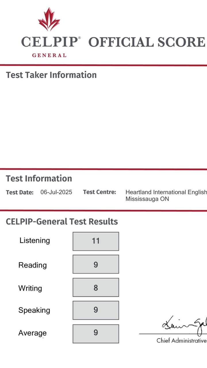 نمونه مدرک CELPIP
